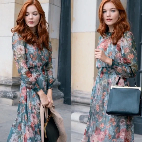 Zara Rare Viral Floral Sheer Midi Dress Sz M - Picture 1 of 11